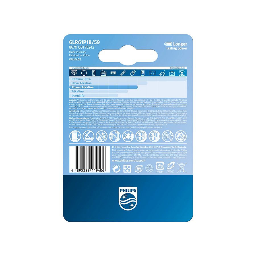 Pilha alcalina Philips 9V 6LR61P1B/59