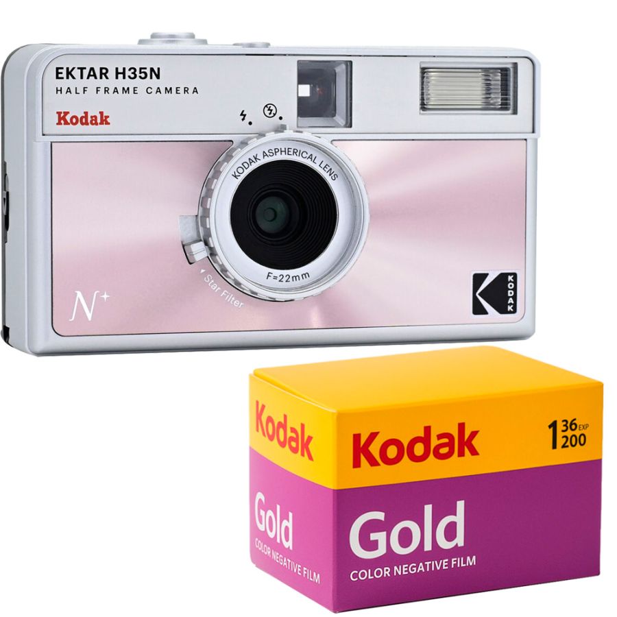 Câmera analógica compacta 35mm Kodak Ektar H35N (ROSA) + Filme Kodak Gold 36 poses