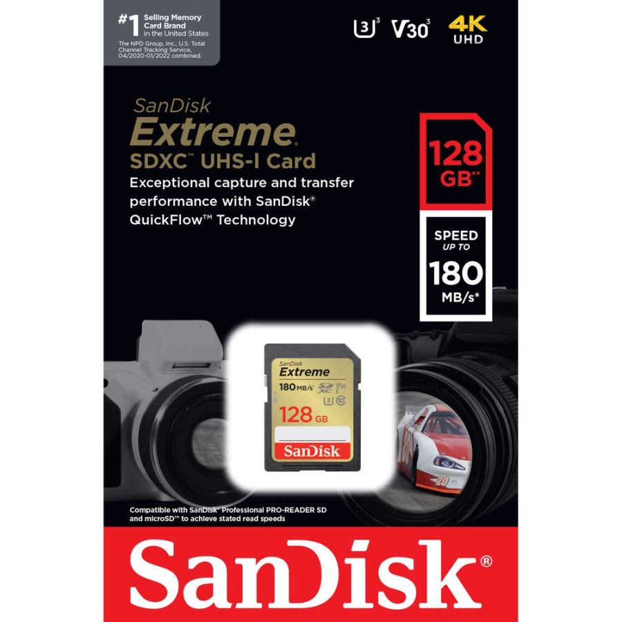 Cartão SDXC SanDisk Extreme UHS-I 128GB - 180MB/s (V30)