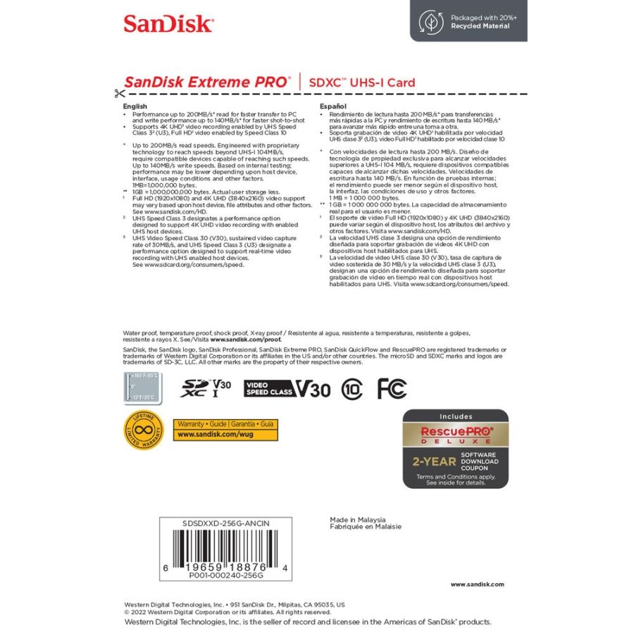 Cartão SDXC SanDisk Extreme PRO UHS-I 256GB - 200MB/s (V30)