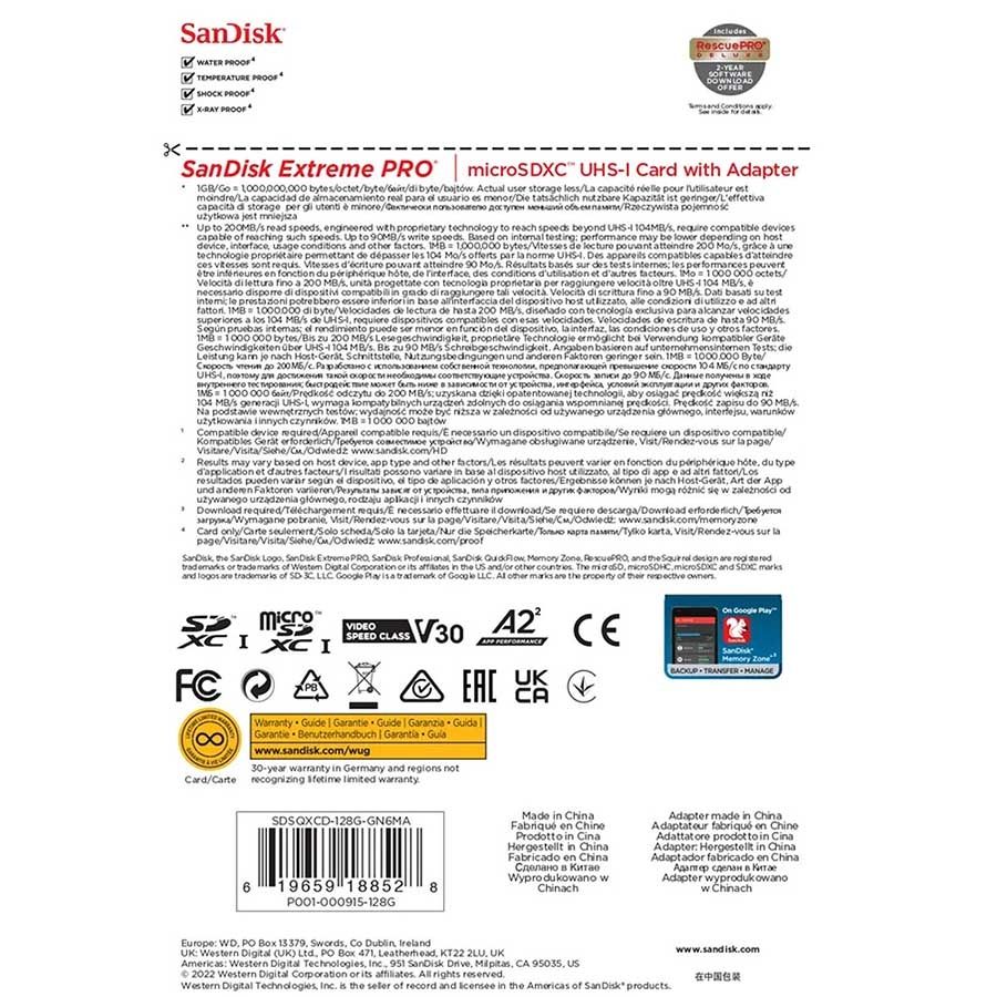 Cartão microSDXC Sandisk Extreme PRO UHS-I 128GB - 200MB/s (com adaptador SD) (V30)