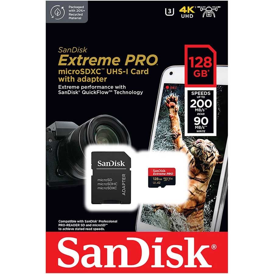 Cartão microSDXC Sandisk Extreme PRO UHS-I 128GB - 200MB/s (com adaptador SD) (V30)