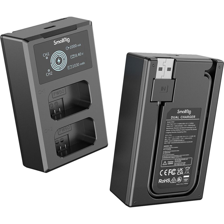 Carregador duplo SmallRig 3818 com duas baterias NP-FW50