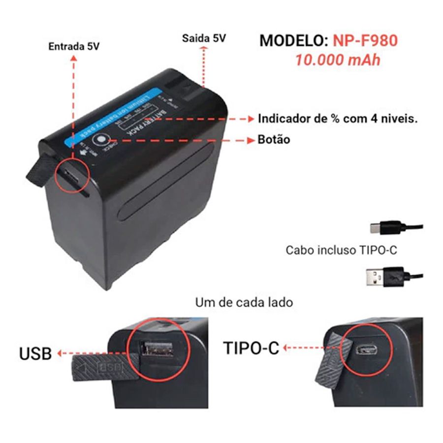 Bateria recarregável Soleste NP-F980 multifuncional com saída USB