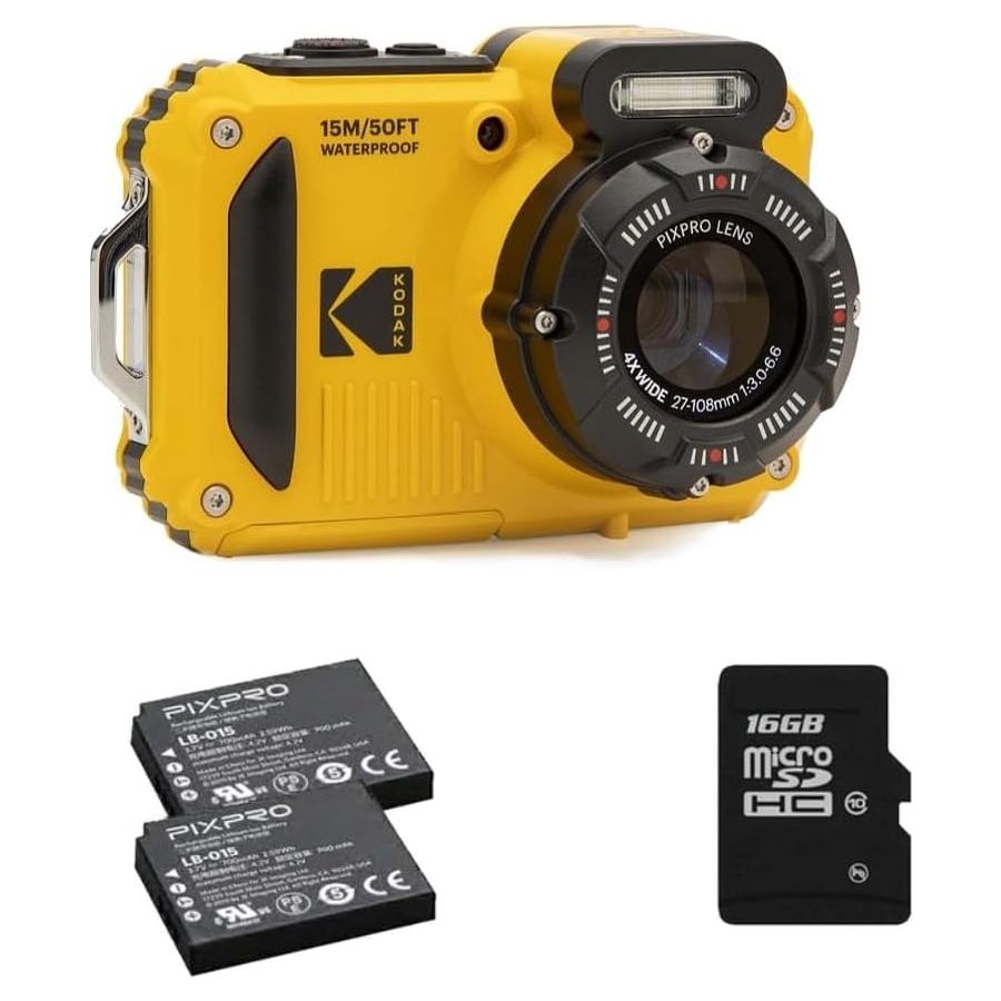 Câmera compacta Kodak PIXPRO WPZ2 à prova d'água (AMARELO) - kit com 2 baterias e cartão de 16GB